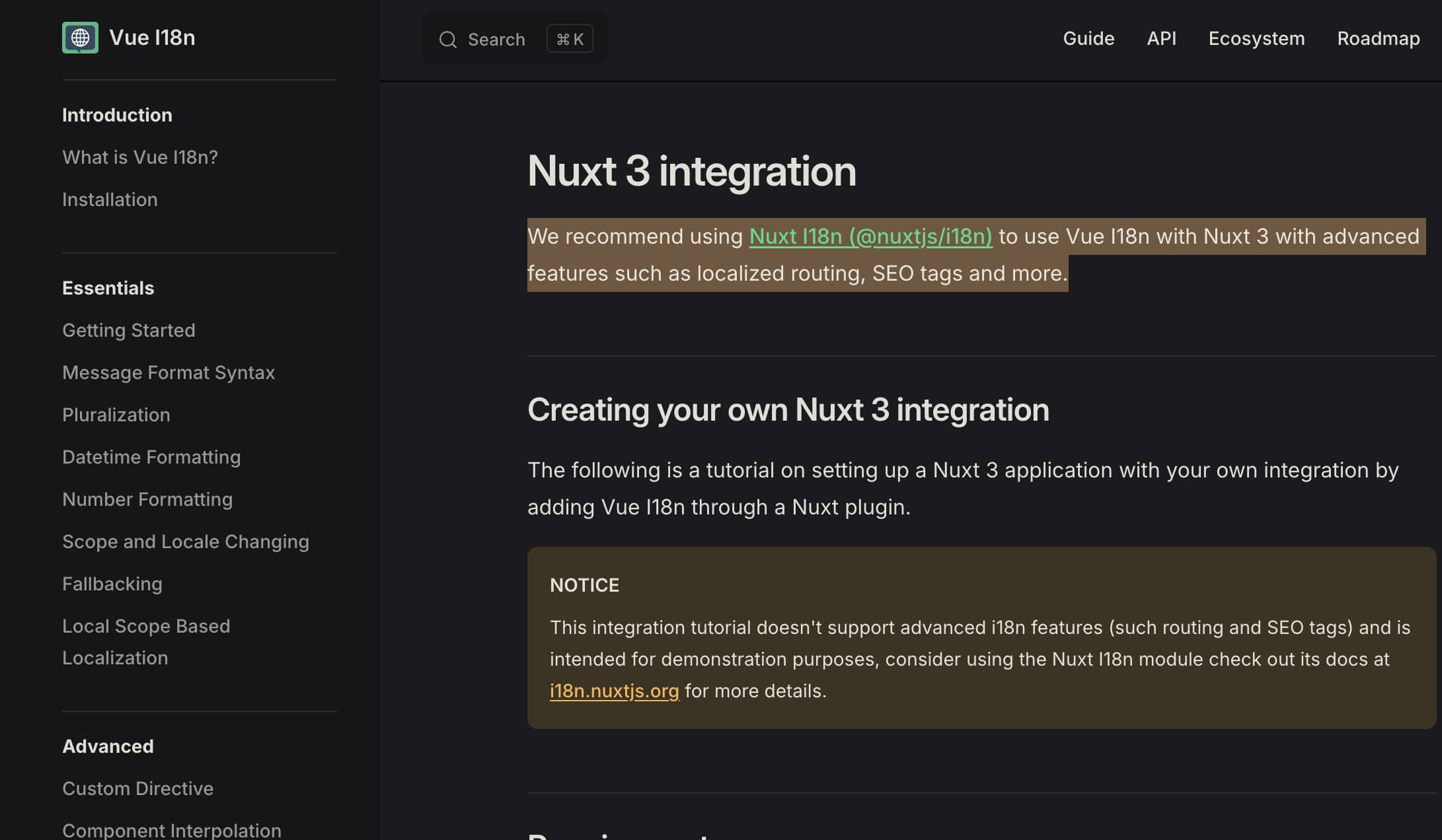 The Nuxt 3 integration page in the Vue I18n documentation.